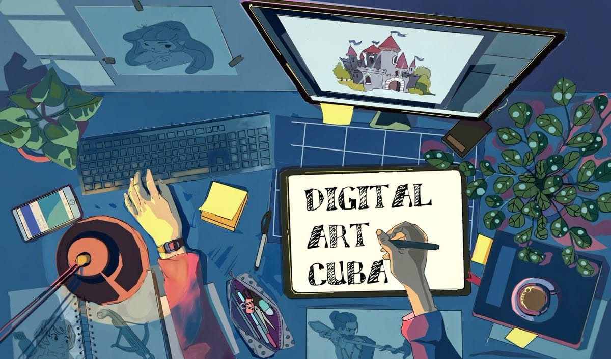 a cartoon art showing workspace for a graphic designer